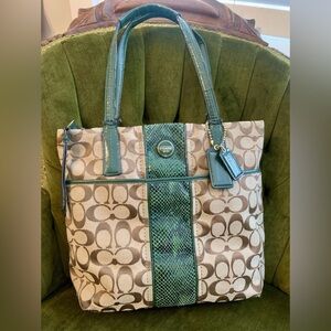 Coach Signature Green Python Stripe Tote Bag Purse F25706